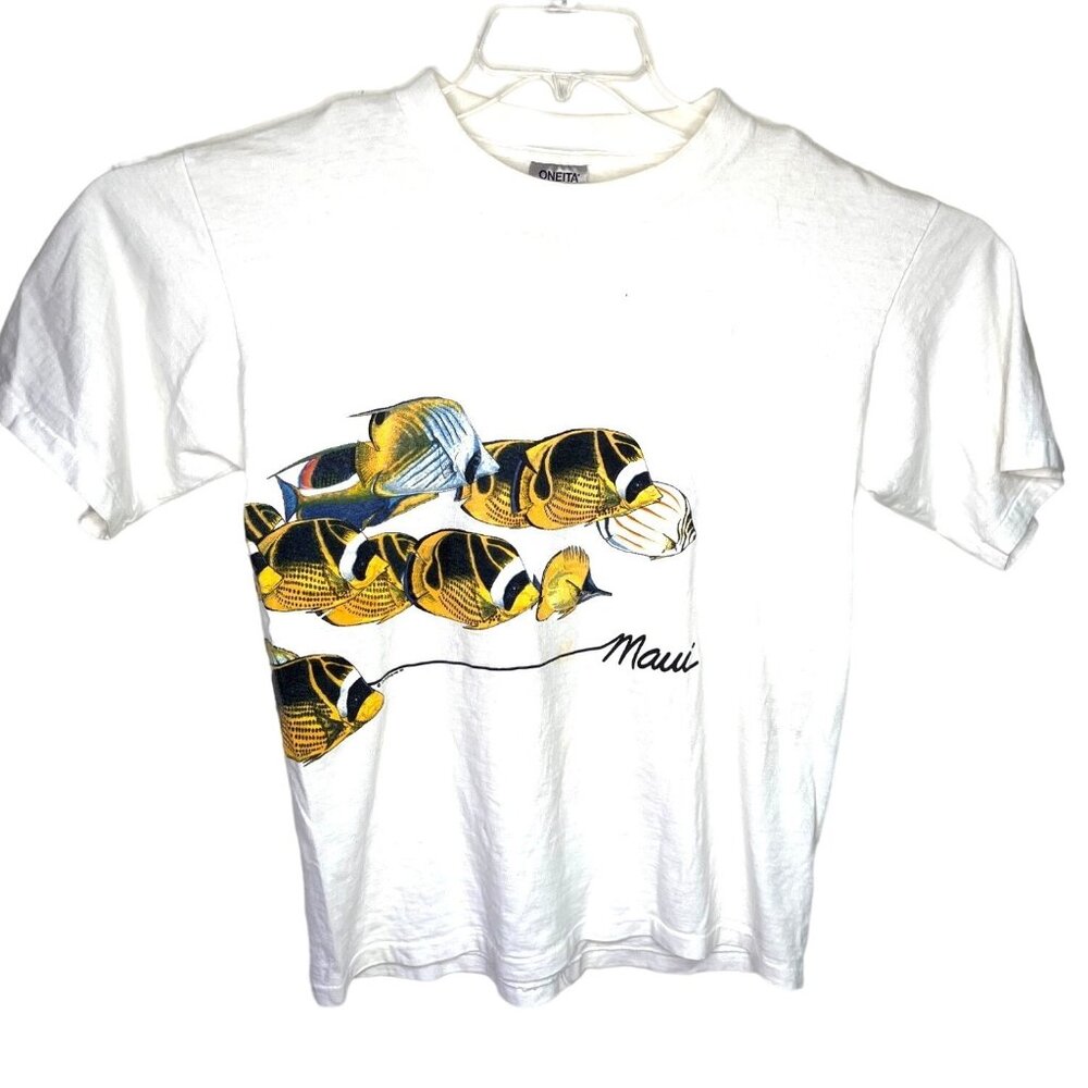 Maui White Short Sleeve T-Shirt Fishes Large 88o